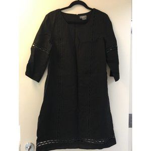 Neiman Marcus Linen Shift Dress Sz M Black Embroidered Cut Work Lined